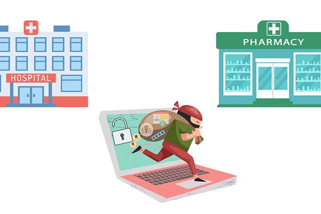 ilustración de una farmacia, un hospital y un ciberdelincuente