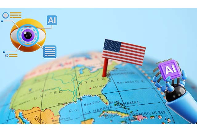 mapa de América con una bandera marcando Estado Unidos
